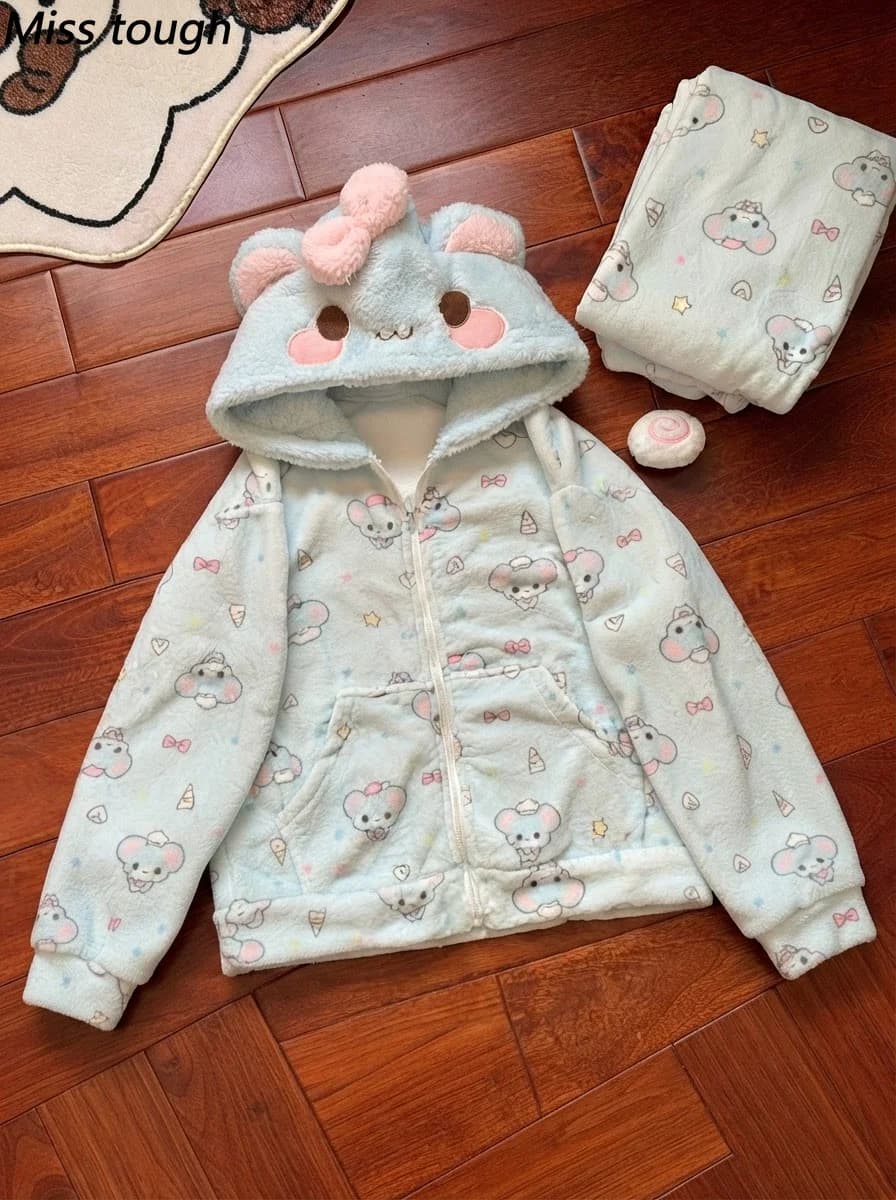 Japanese Kawaii Harajuku Womens Coat Autumn Winter Thicken Blue Sweet Cute Loose Hoodies Design Coral Fleece Korean Sweatshirts