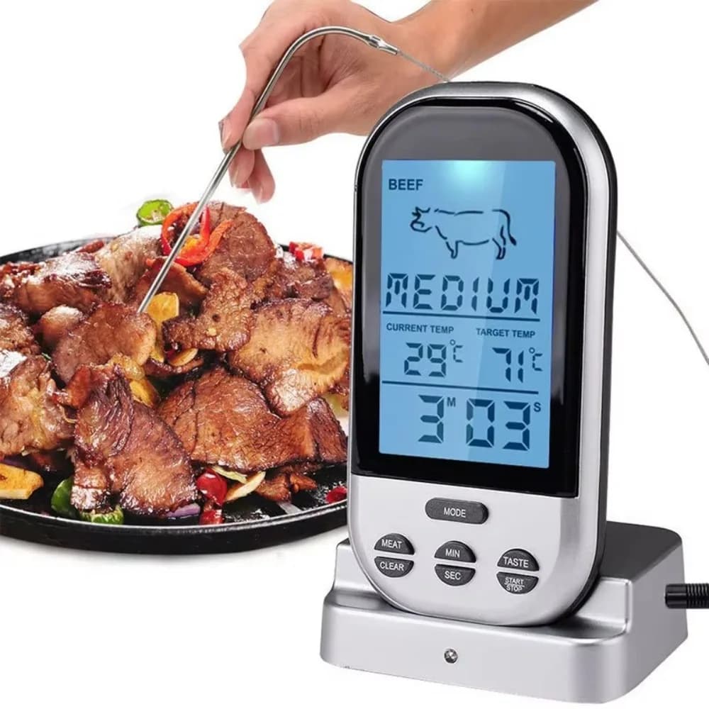 Termometro Digitale Wireless per Carne in Argento con Controllo Remoto della Temperatura, Timer, Allarme e Sensore di Temperatura con Sonda