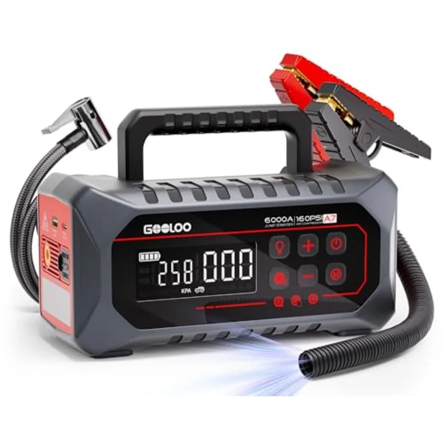 Avviatore di Emergenza A7 con Compressore d'Aria 6000A 160PSI 12V, Avviatore Portatile per Batteria Auto, Booster Pack 12-in-1, Jump Box per Tutti i Tipi di Veicoli a Benzina