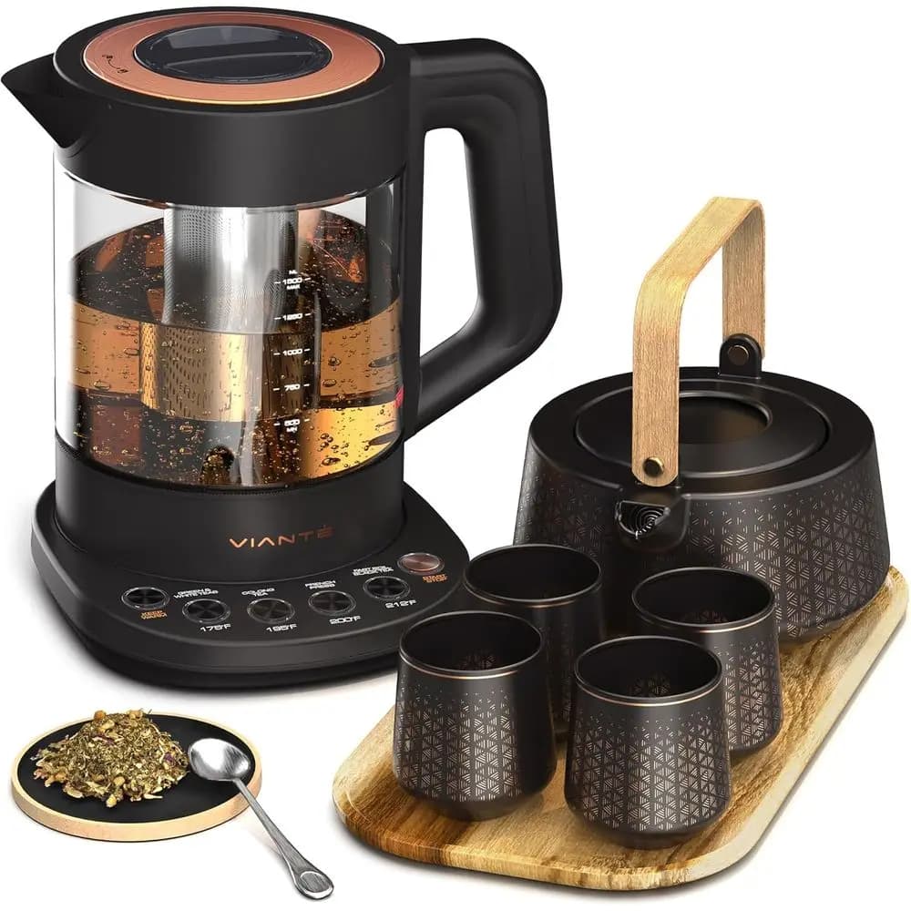 Luxury Tea Set. Electric Kettle with Inuser or Loose Lea And Ceic Serving Set. Teapot and Cup Set with Wooden Tray. Excellent Gi