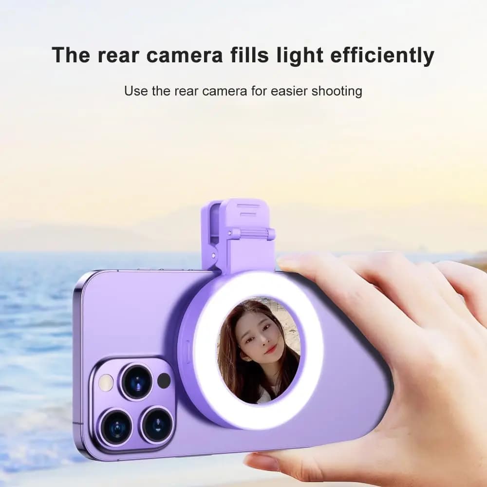 New selfie bright ring with clip and mirror for selfie 3 light modes Brightness 180 ° Filling light for selfie with built-in rotating battery