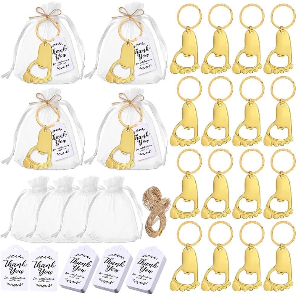 Set da 10 set regalo per baby shower, portachiavi apribottiglie con piede piccolo, souvenir con sacchetto di garza dura, etichetta di ringraziamento, regalo per feste a tema