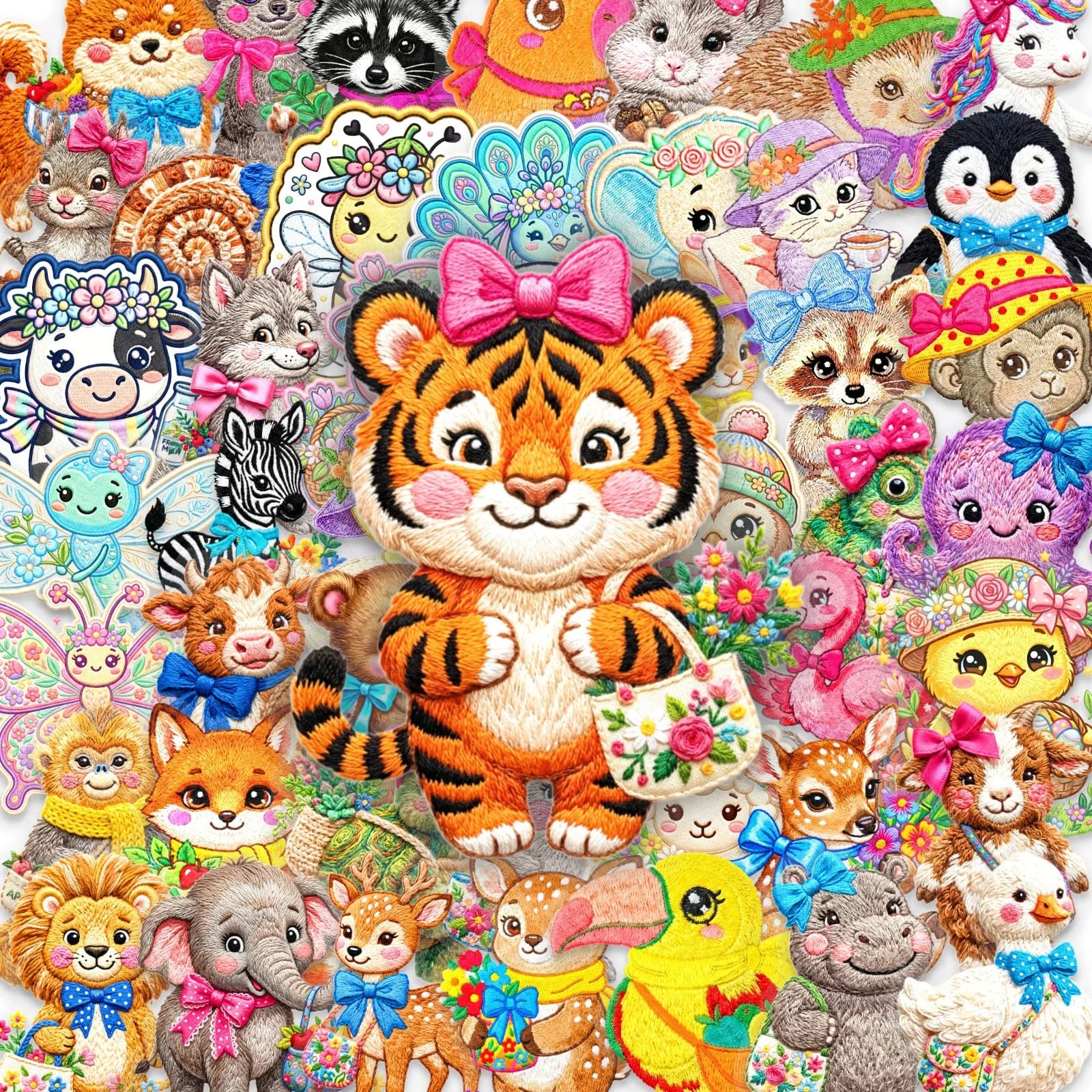 50-Pack Embroidered Animal Pattern Transparent PET Doodle Stickers Waterproof Decals for Guitar Notebook Luggage Stationery