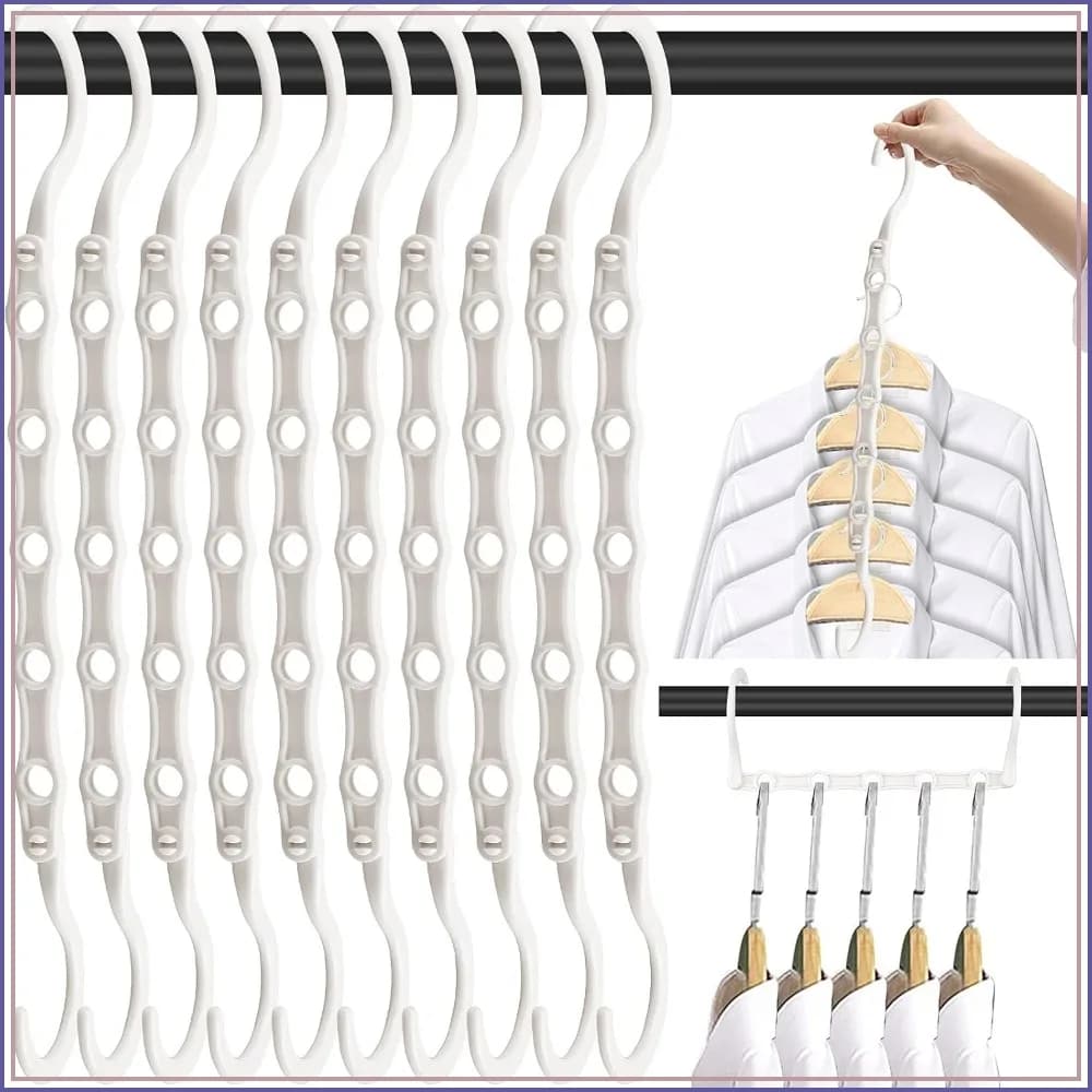 10 Pack Space Saving Hangers, Heavy Duty Magic Cascading Organizer with 5 Anti-Slip Holes, Closet Storage for Clothes, Dorm Essentials, White