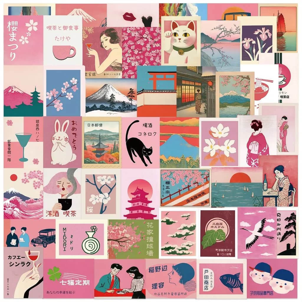 50 adesivi graffiti estetici giapponesi vintage rosa - impermeabili per decorazioni fai da te per bagagli e notebook (negozio anime mondo)