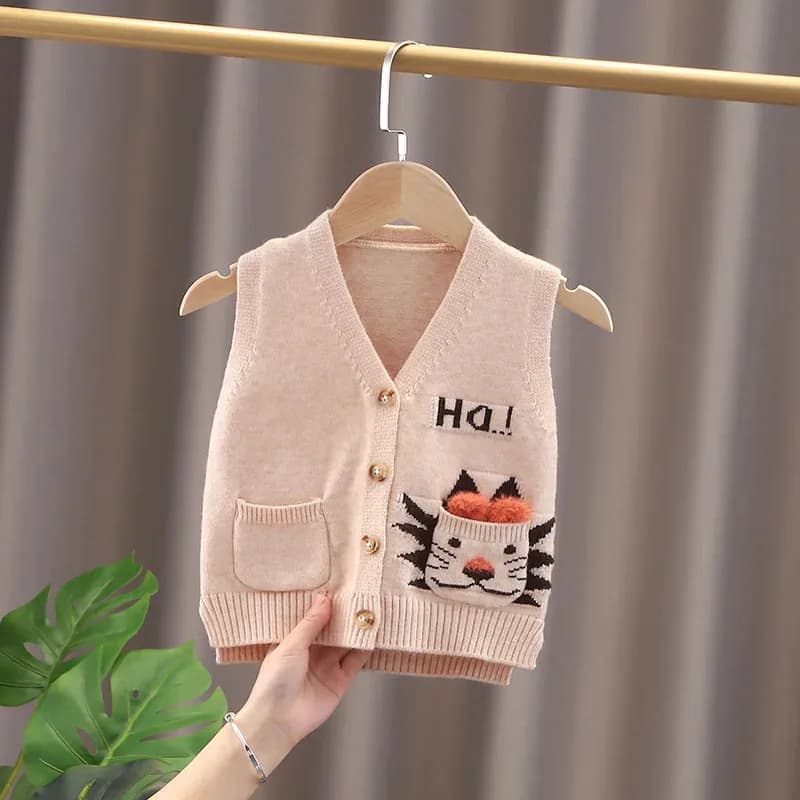Canotta senza maniche con gilet tigre cartone animato per bambini Autunno Inverno Pullover lavorato a maglia Ragazzi Ragazze Maglieria calda Maglione alla moda