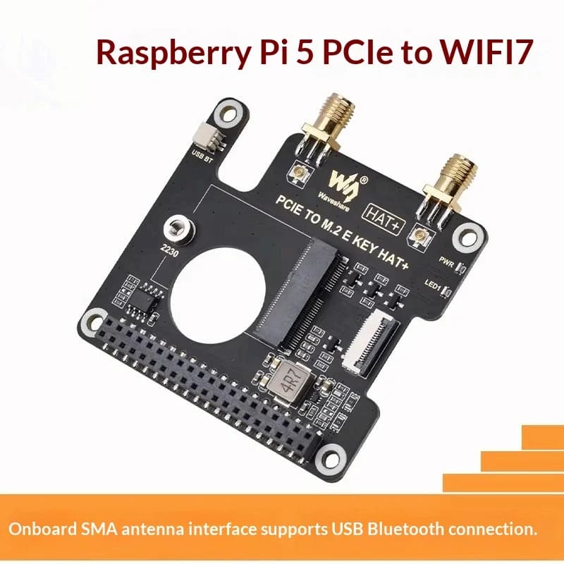 Wi‑Fi 7 & Wi‑Fi 6 PCIe to M.2 E KEY NGFF Adapter for Raspberry Pi 5, Wireless Network Card Expansion HAT