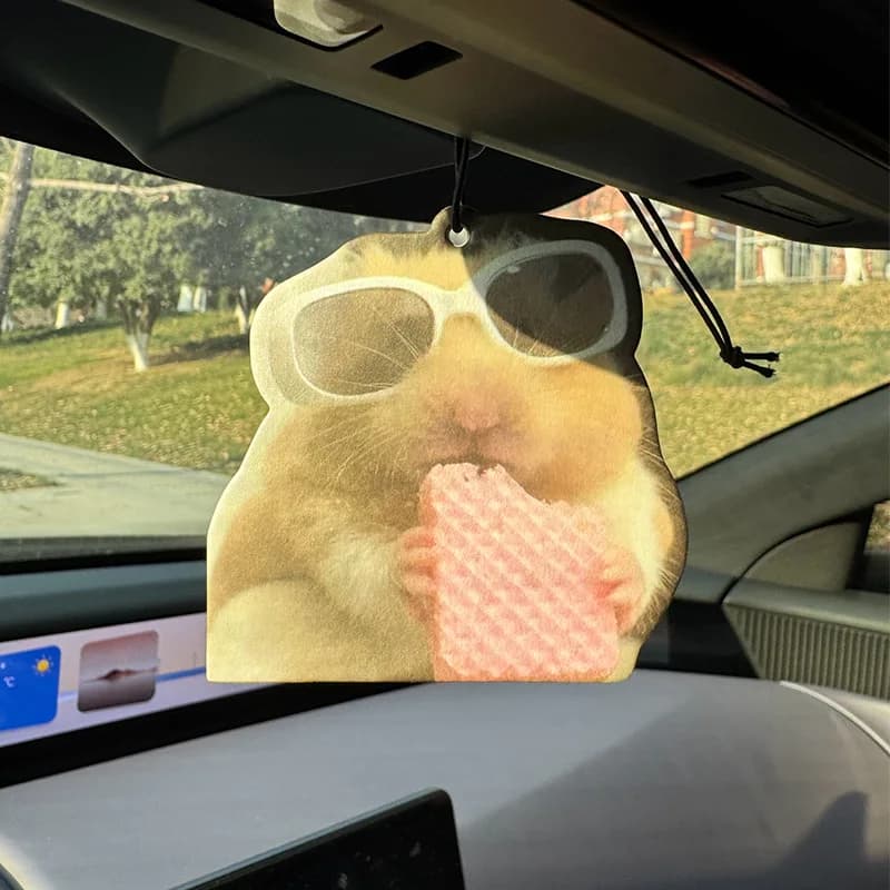 Funny Sunglasses Hamster Eating Waffle Hanging Car Air Freshener, Plant-Based Natural Extract Scent Aroma Card, Multi-Use Scente
