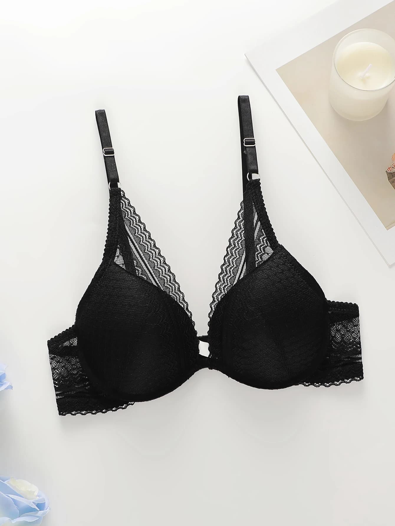 Lingerie sexy da donna in pizzo con bordi in acciaio, push up raccolti spalline regolabili reggiseno quotidiano confortevole e traspirante A2201