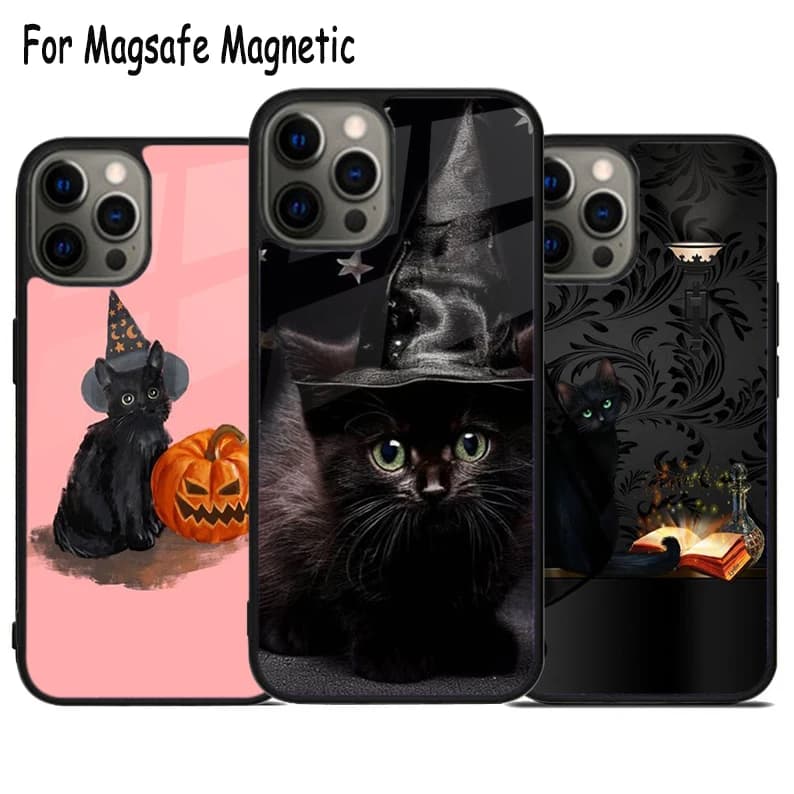 Custodia per telefono wireless Magic and Black Cats per iPhone 17 Air 15 16 16e 14 13 11 12 Pro Max Plus, Cover Magnetica Magsafe con Bumper