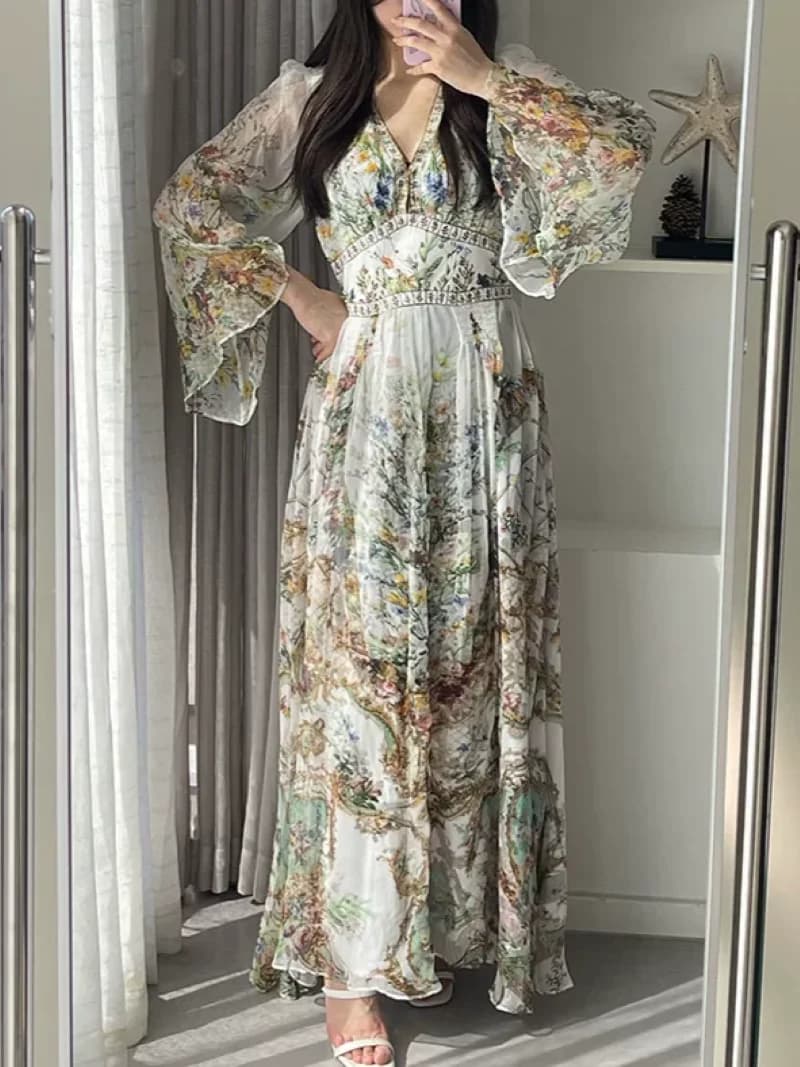 Crystal Beaded Ladies 100% Silk Maxi Dress Flower Print V-Neck High Waist Long Sleeve Elegant Female Robe