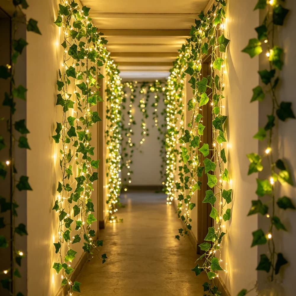 Luci a Stringa Artificiali con Foglie Verdi e Fiori, Ghirlanda Luminosa per Decorazioni Domestiche, Albero di Natale, Matrimoni, Alimentate a Batteria