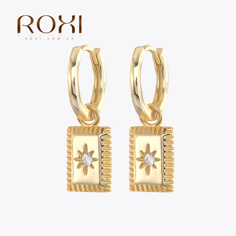 ROXI Rectangle Earrings for Women Girls Zircon Crystals Stars 925 Sterling Silver Hoop Earrings Pendientes Punk Huggie Earring