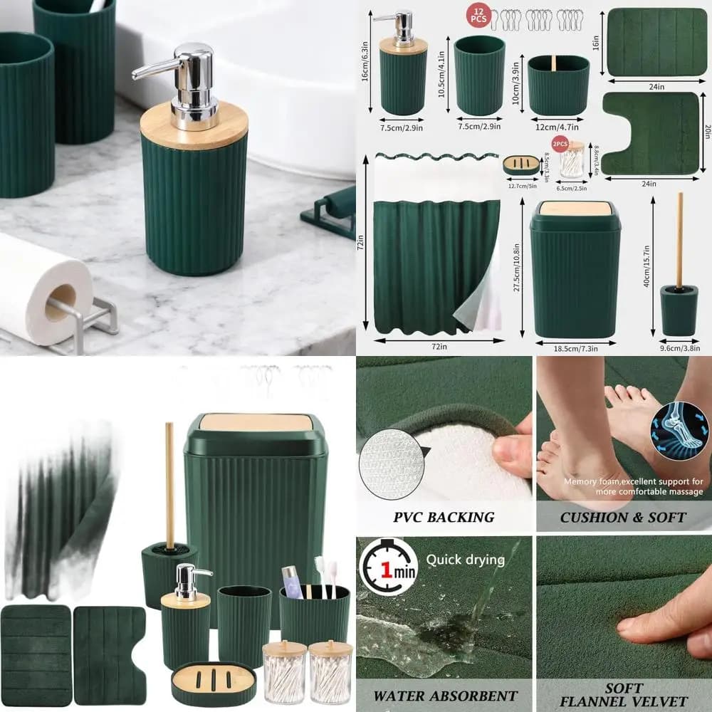 Green bathroom furniture set: shower curtain with lining, memory foam carpets, toilet accessories