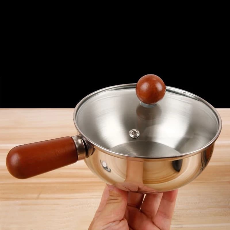 Pentola per pasta in acciaio inossidabile per una persona, aspetto di alta gamma con finitura in legno, pentola compatta di piccole dimensioni per alimenti per bambini, latte e snack ​ ​