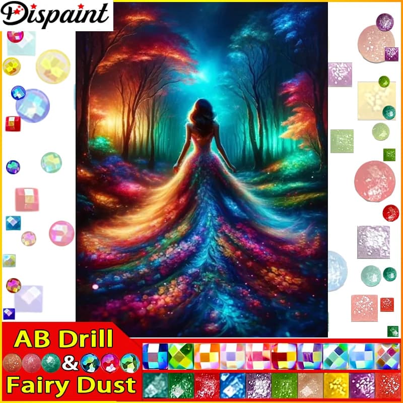Dispaint Fairy Dust AB Diamond Painting Full Square/Round Diamond"Girl Back View Tree"Pattern Embroidery Cross Stitch 5D Rhinest
