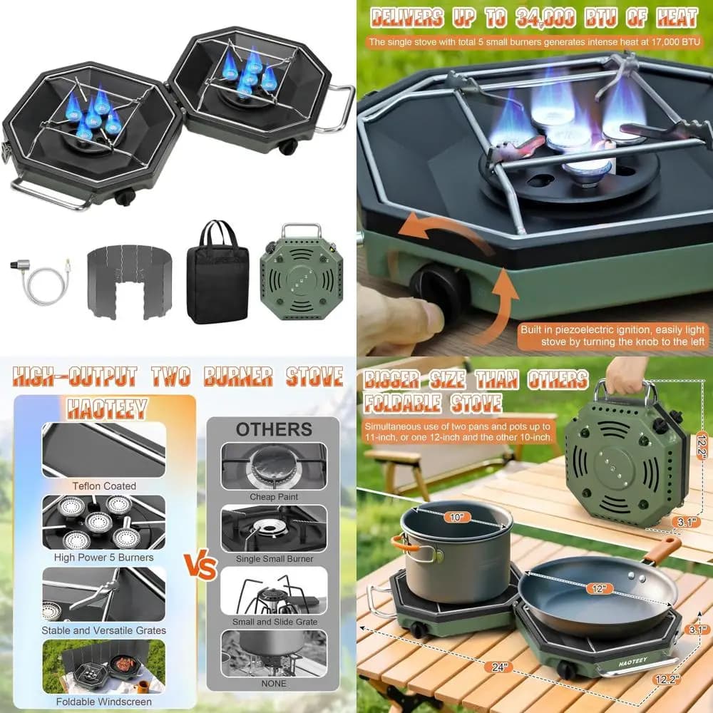 Camping Stove Portable to Double Burner in Propano with Windscreen, Transport bag, Grills and Regulator for Open Kitchen