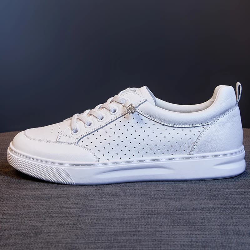 Women's Genuine Leather White Sneakers Summer Hollow Perforated Board Shoes Lazy Elastic Lace‑Up Breathable Casual Walking Shoes