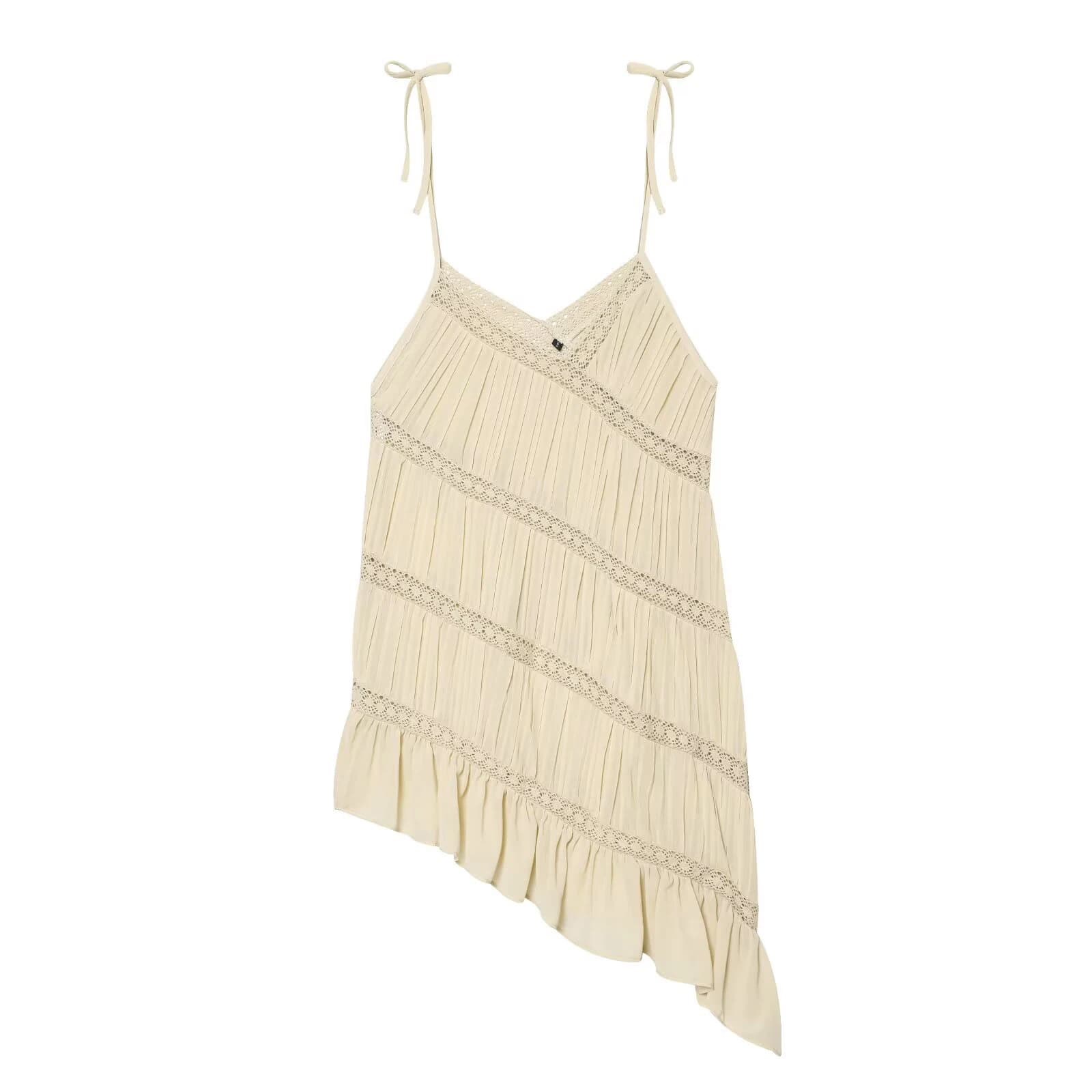 Nuovo top da donna in stile europeo e americano con scollo a V, pieghettato, asimmetrico, con bretelle e gilet in pizzo