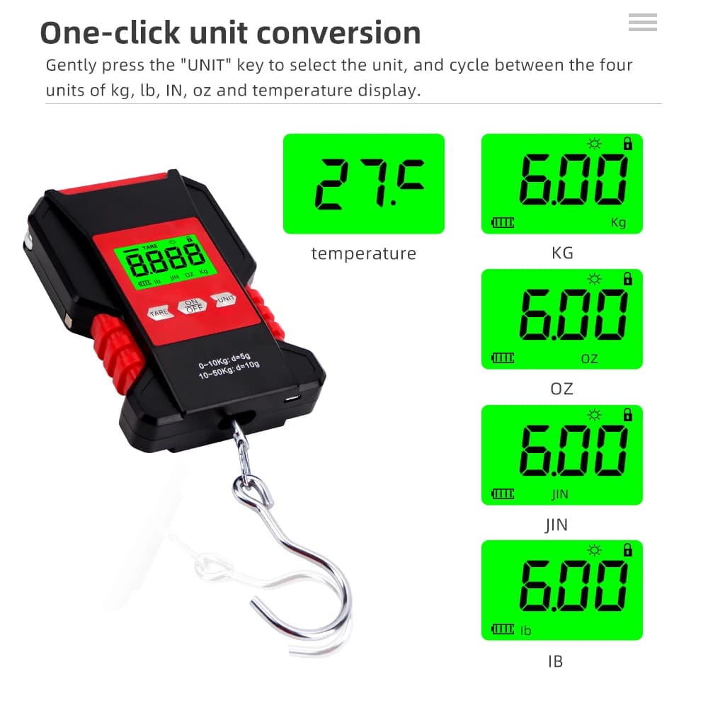 Bilancia digitale sospesa da 50 kg con righello Bilancia portatile per bagagli da viaggio Bilancia da pesca digitale impermeabile Bilancia per alimenti da cucina