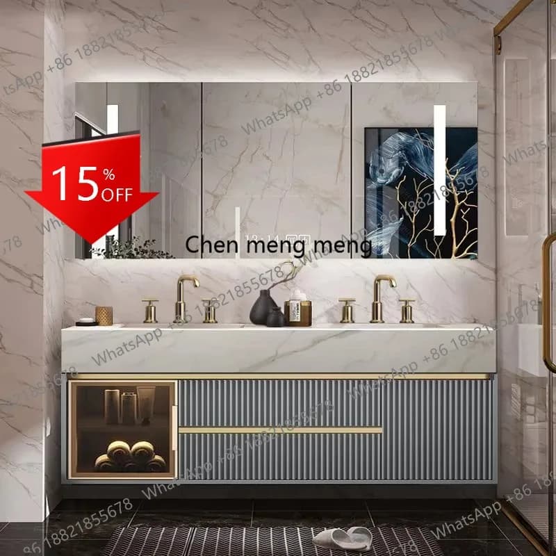 Mobile bagno moderno europeo D1089 con doppio lavabo, armadietti impermeabili, piano d'appoggio e specchio con luci integrate