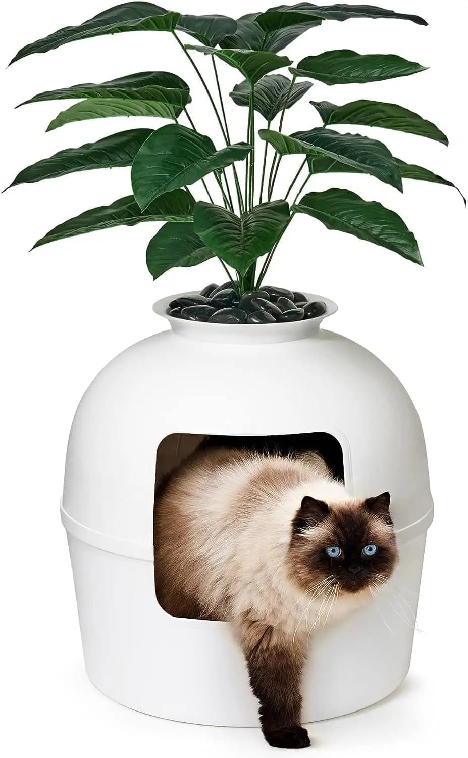 Hidden Cat Litter Box Enclosure Patented Odor Control Design Faux Plant Carbon Filter Real Stones Vivid White