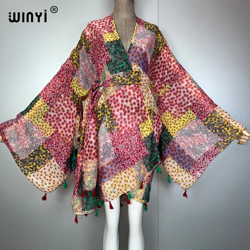 WINYI bohemian print kimono beach outfits women Swim Suit Cover up boho Cardigan stitch Self Belt Holiday long Sleeve print coat