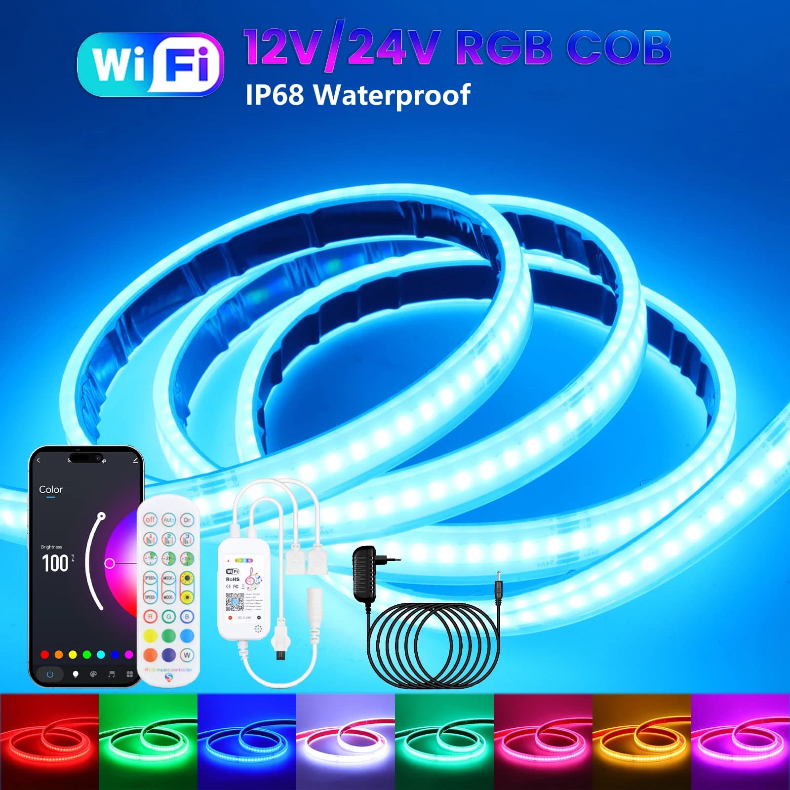 12V 24V RGB COB LED Strip Tuya Wifi Telecomando EU/US/UK/AU Kit di alimentazione IP68 Impermeabile 576LED/m Nastro flessibile per il giardino domestico