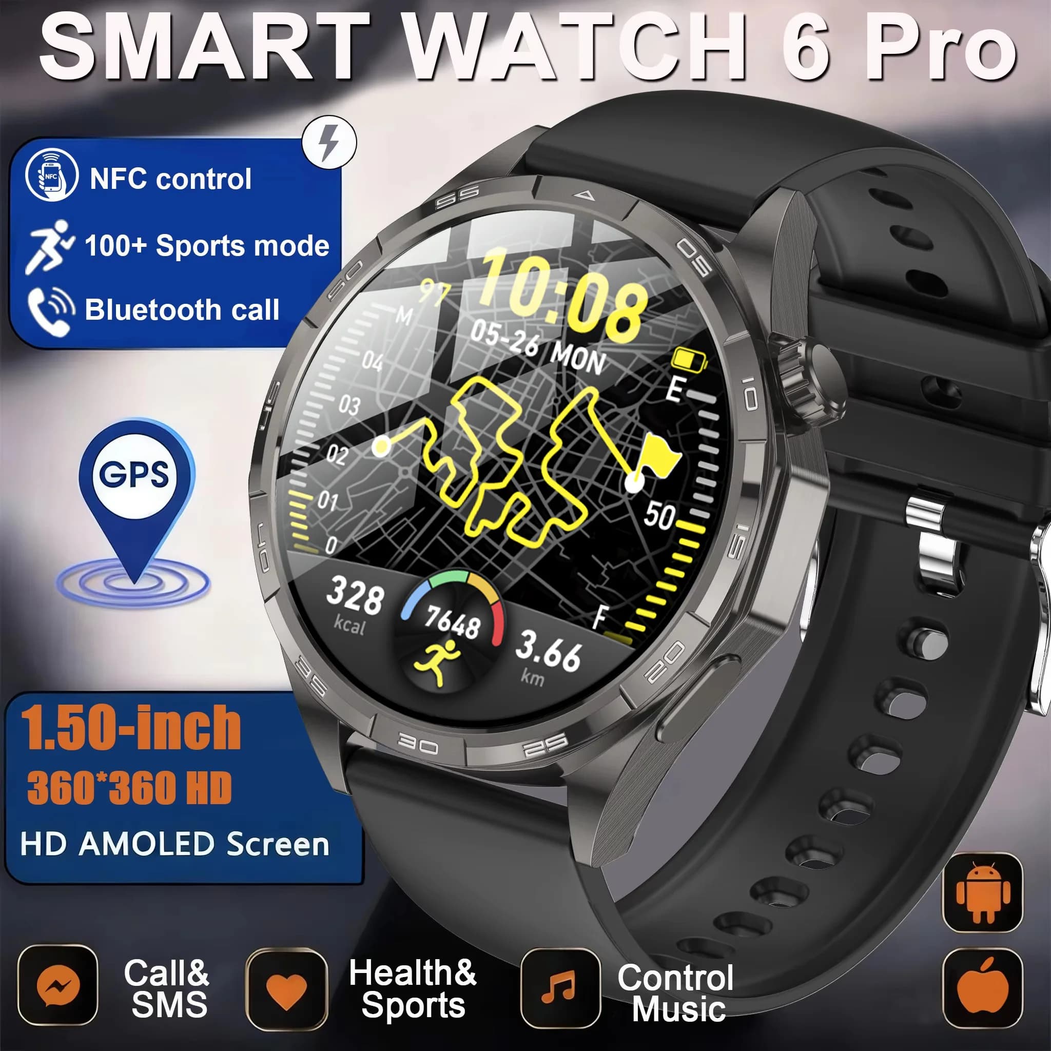 Nuovo Smartwatch 2026 Watch6 GPS Tracker Sportivo Uomo Bussola Schermo AMOLED NFC IP68 Impermeabile Chiamata Bluetooth Braccialetto Intelligente Donna