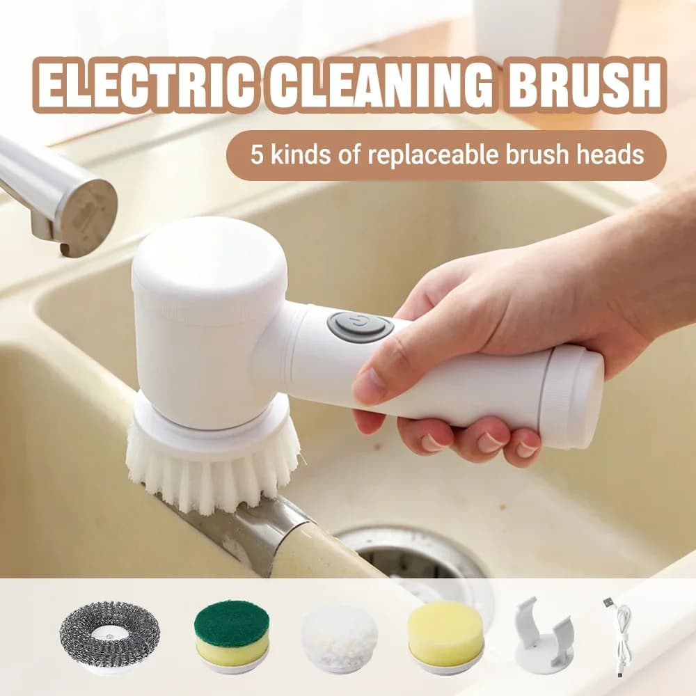 Electric Cleaning Brush Cordless USB Rechargeable With 5 Replaceable Heads Rotary Scrubber For Tile Bathtub Shoe Kitchen