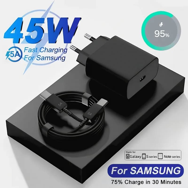 Caricabatterie super veloce da 45 W 5A per Samsung S25 S24 S23 S22 Plus Nota 20 Ultra A15 A25 A35 A53 A54 A55 Cavo di ricarica da USB-C a tipo C