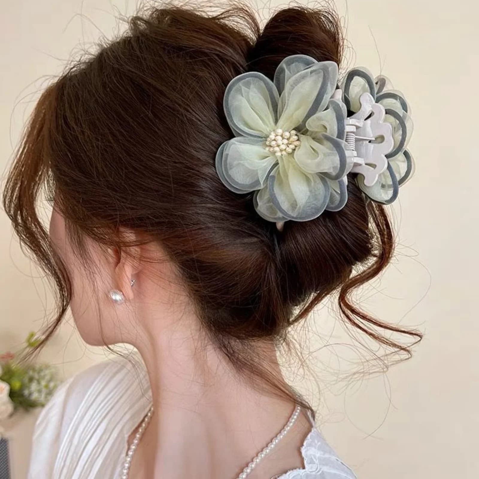 1 Pezzo Elegante Fermaglio per Capelli a Rete con Fiori e Perle Finte, Grande Clip per Capelli Stile Vintage, Dolce Accessorio per Capelli da Donna per Uso Quotidiano