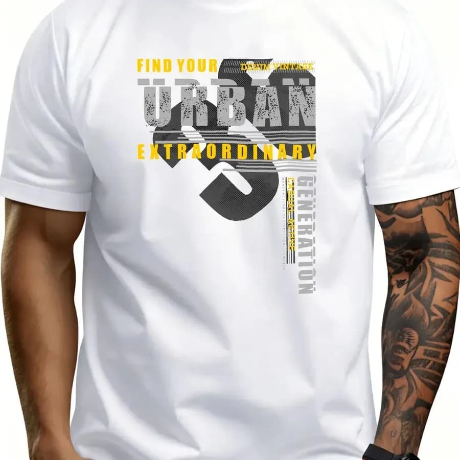 T-shirt da uomo in stile casual urbano con grafica Find Your Urban Extraordinary Generation per l'uso quotidiano e la moda street.