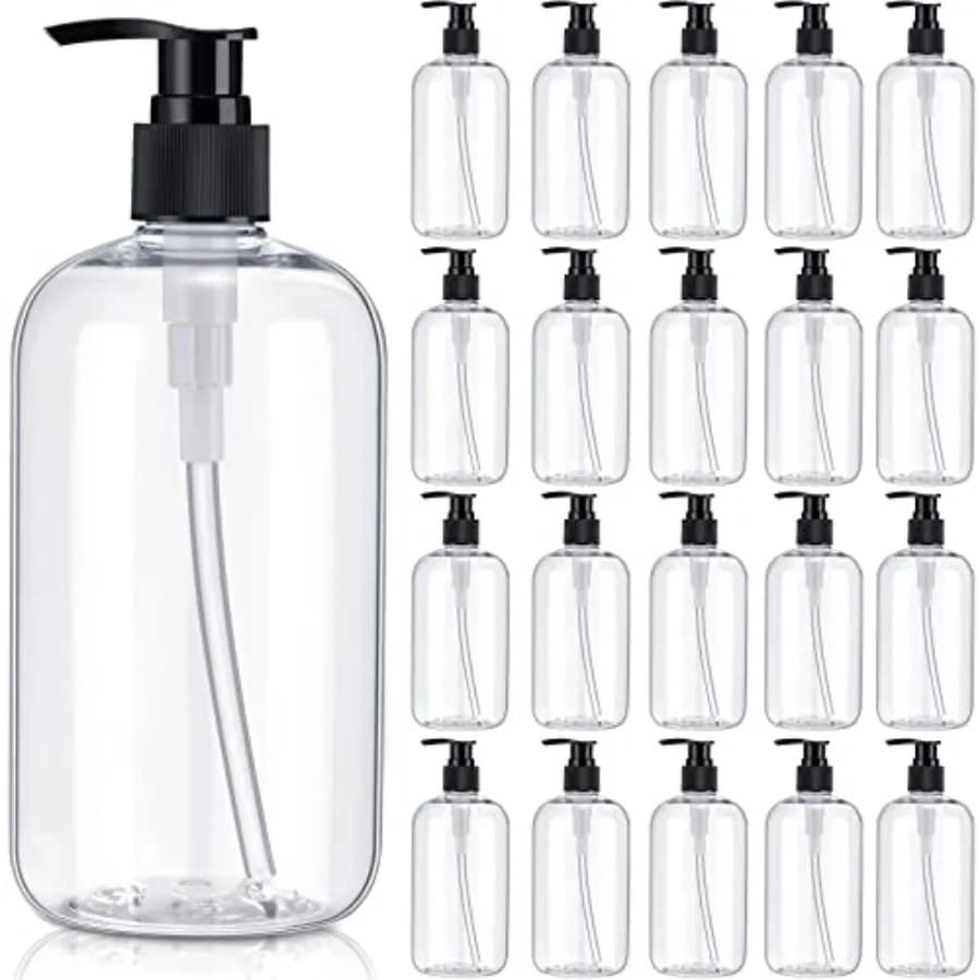 20 Pezzi Flaconi Vuoti in Plastica da 16oz con Pompa, Dispenser Trasparente per Sapone e Lozione, Contenitore Cilindrico Portatile per Shampoo e Liquidi Doccia