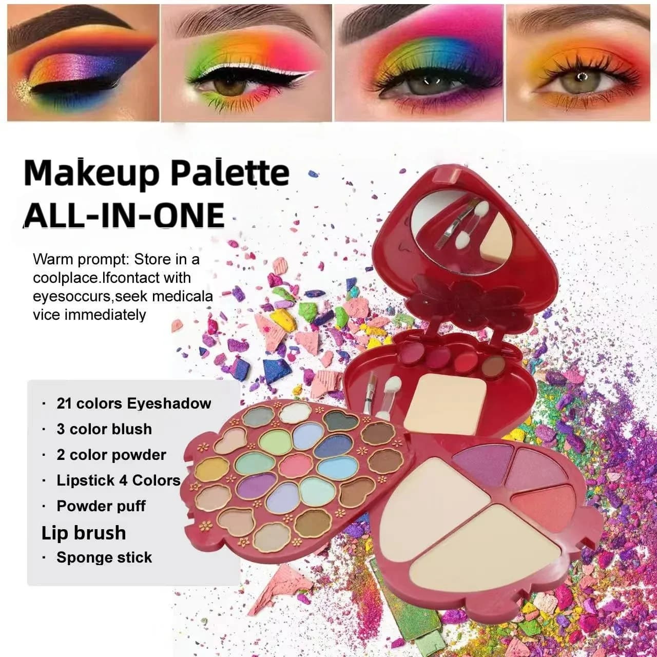Set tavolozza trucco fragola 30 colori, 21 ombretti + 4 lucidalabbra + 3 fard + 2 cosmetici in polvere (include pennelli + soffio), facile da applicare e non facile da sbavare, tavolozza tutto in uno