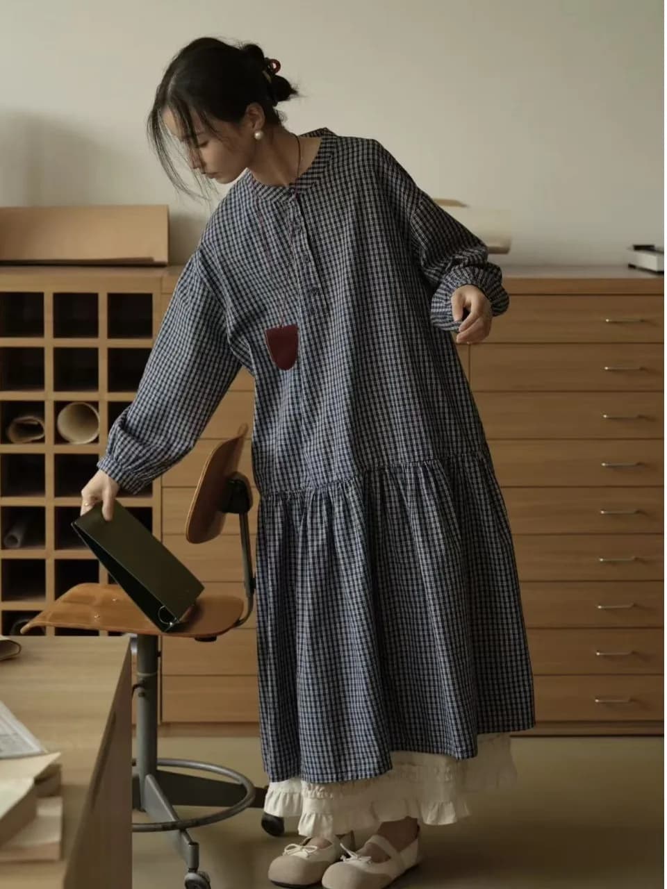 Loose Long Sleeve A-Line Dress Women's Pre-Washed Casual Korean Style Autumn Design Plaid Dress for City Commuting