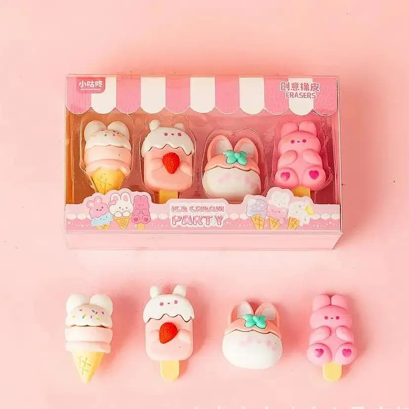Set di 4 Gomme da Cancellare a Forma di Cartone Animato, Kawaii Dessert Coniglio e Gelato, in Confezione Regalo per Studenti, Cancelleria Scolastica per Bambini