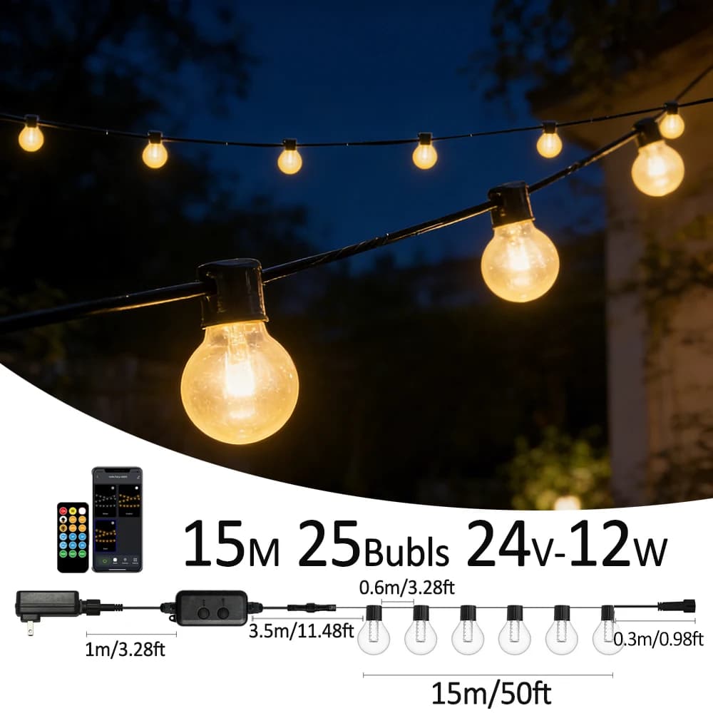 Luci a Corda G40 per Esterni con Lampadine LED Dimmerabili Bluetooth, Controllo App e Funzione Timer per Decorazioni da Giardino e Matrimoni