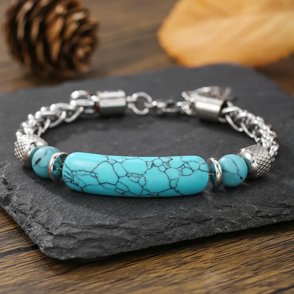 Vintage Turquoise Stainless Steel Bracelet for Men Layered Chain & Natural Stone Beaded Wristband Punk Jewelry Gift Accessory