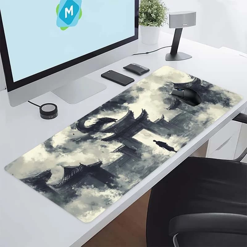 Tappetino per Mouse Grande con Arte del Tempio Asiatico, Base in Gomma Resistente, Bordi Cuciti, Tappetino da Scrivania per Gaming e Ufficio