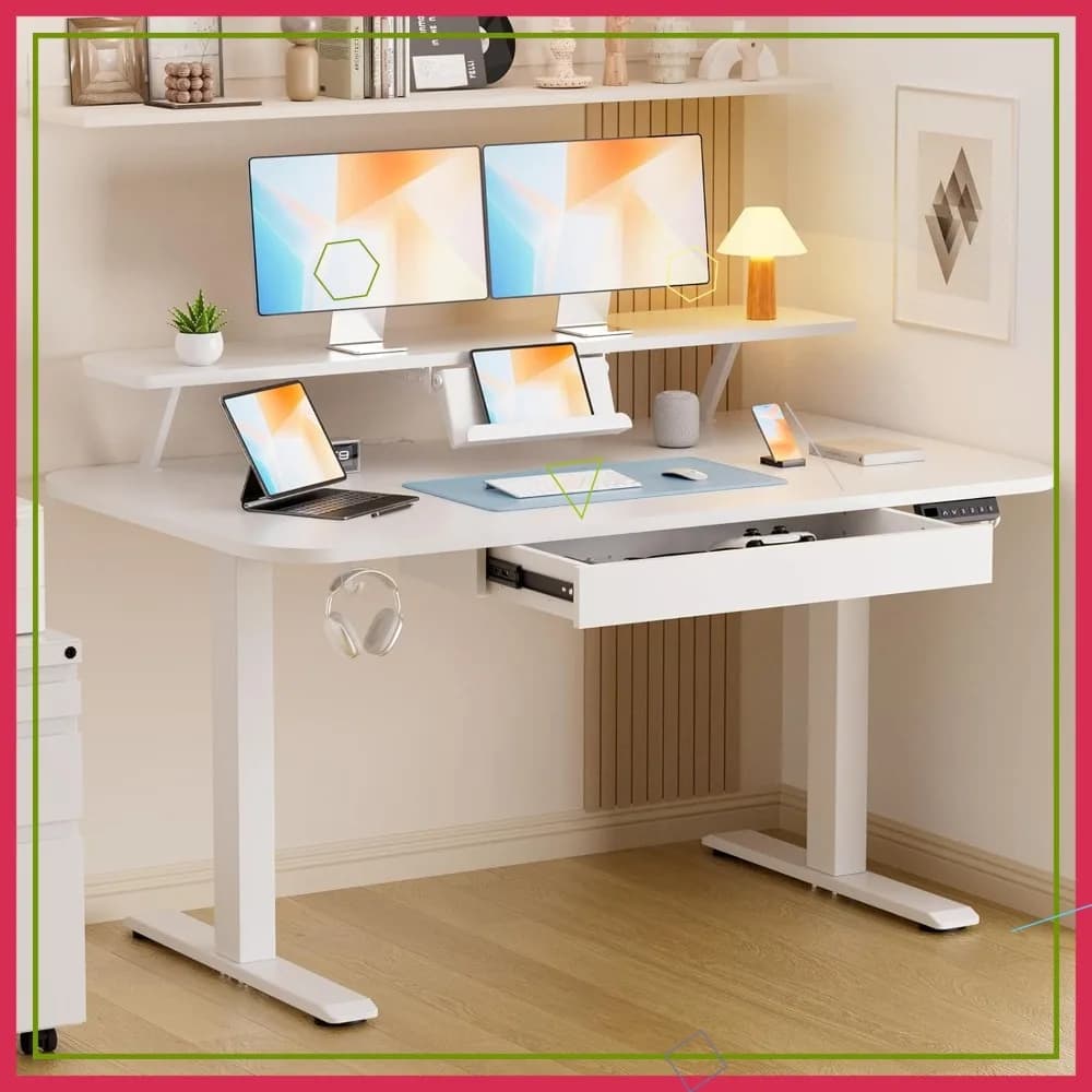 Scrivania Elettrica Regolabile in Altezza 48x24 Pollici con Cassetti, Supporto Monitor, Impostazioni Memorizzabili per Ufficio Domestico, Bianca