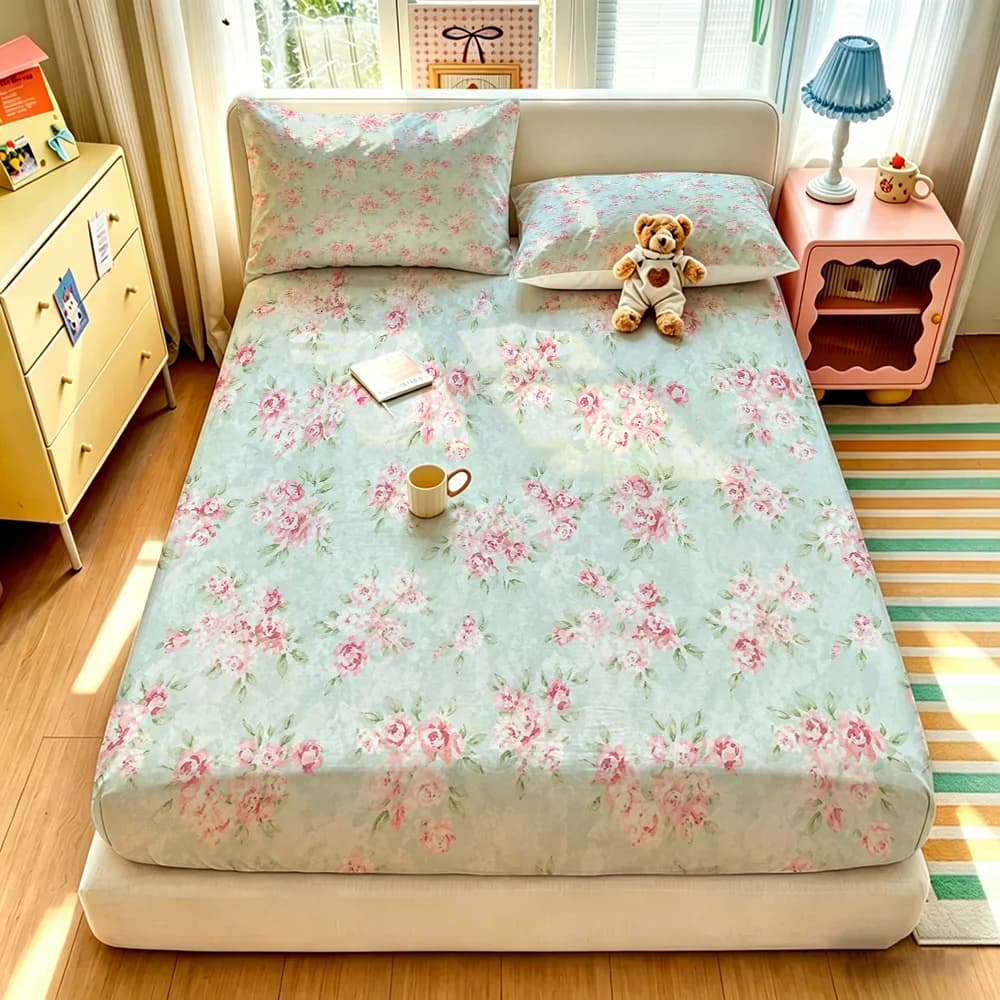 A three-piece bedding set including a bedspread with a pink floral pattern and two pillowcases