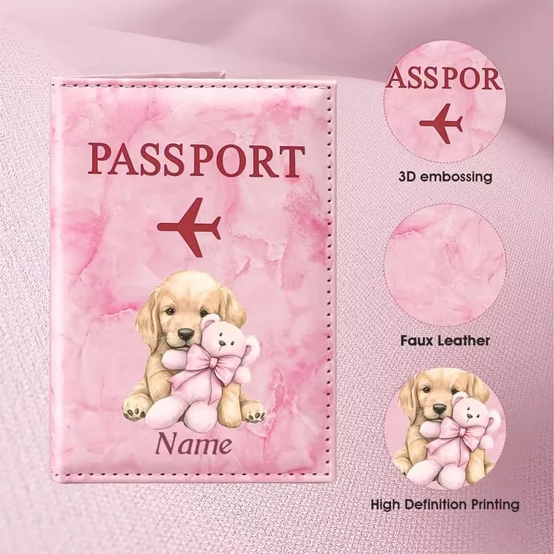 Custom Personalized Name Customized Cute Puppy Holding Doll Illustration Design PU Passport Holder, Warm And Cute Pet