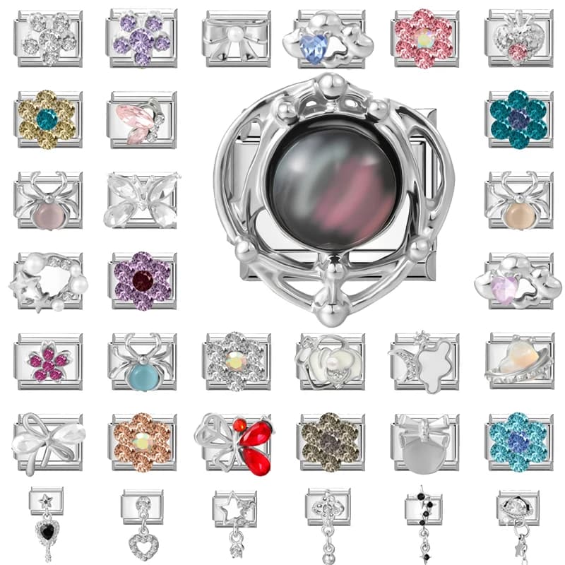 New Shiny Zircon Grey Planet Colorful Flowers Bow Italian Charm Links Fit 9MM Stainless Steel Bracelet Girls' DIY Making Gifts