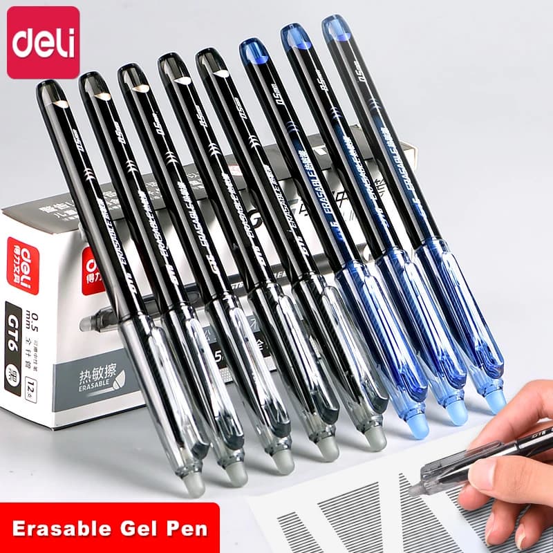 Penna gel cancellabile Deli Penne a punta porosa 0,5 mm Ricarica inchiostro blu nero con gomme cancellabili sensibili al calore per bambini Penna da scrittura
