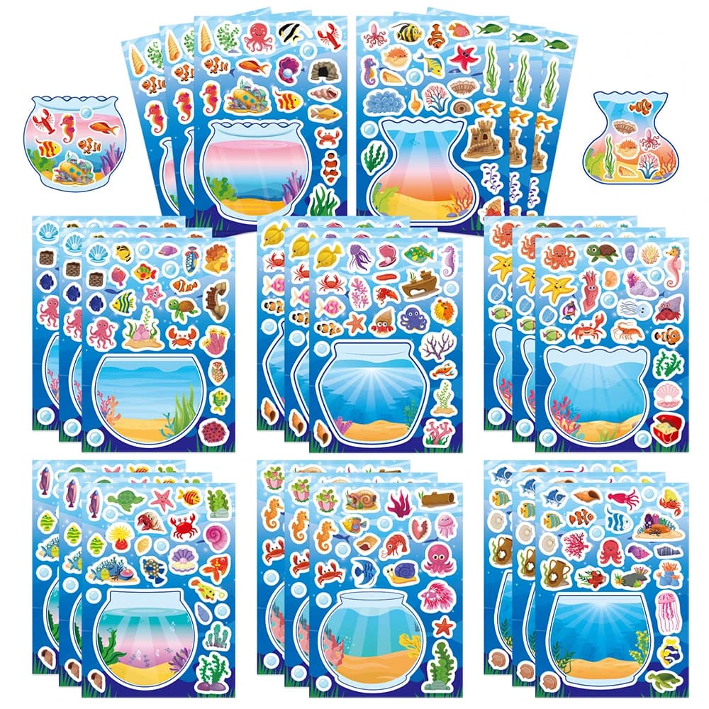 Adesivi Puzzle Creativi con Animali Marini per Acquario, 8/16 Fogli, Divertenti Adesivi Fai-da-Te per Quaderni, Telefoni, Caschi, Giocattoli da Assemblare