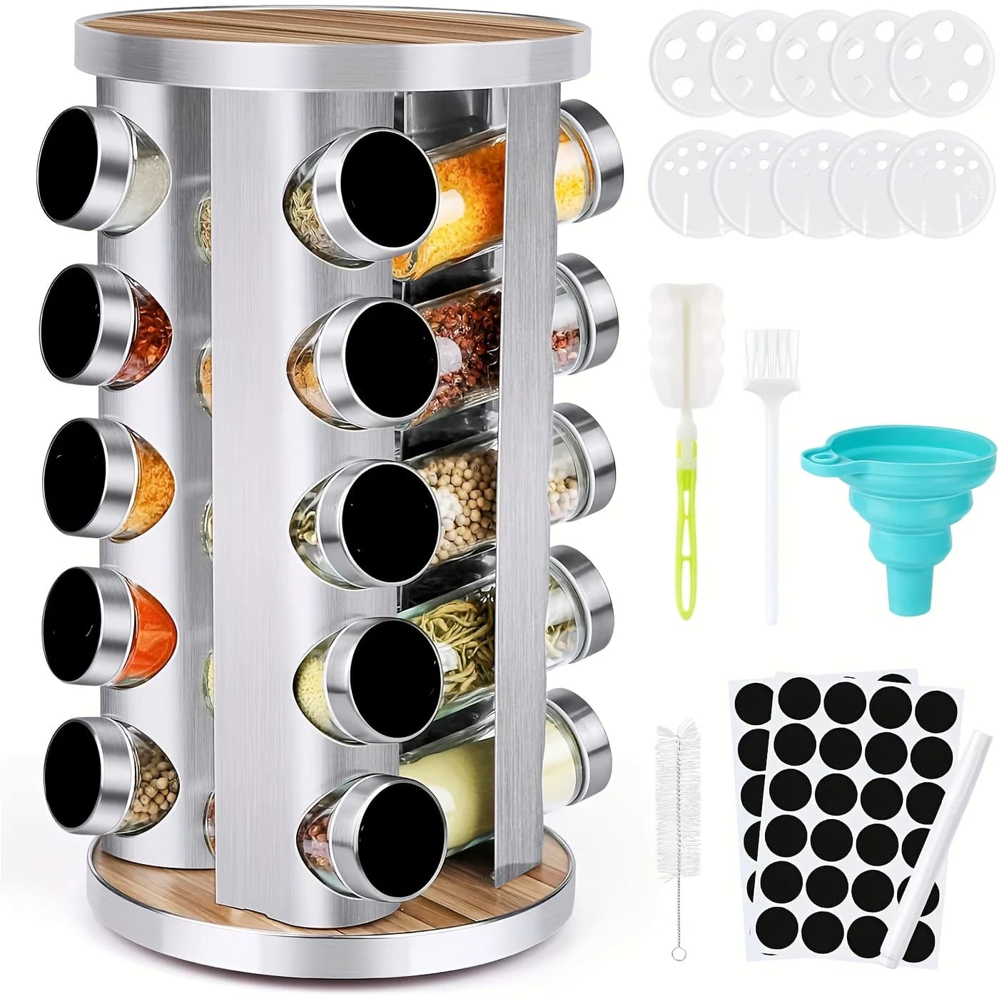 Spice Carousel Set Featuring 20 Spice Jars, Kitchen Spice Organizer - Revolving Storage Tower Includes 48 Labels