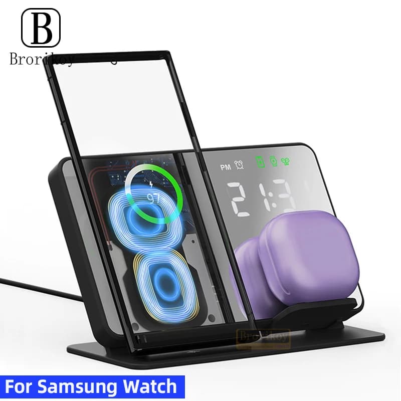 Supporto per caricabatterie wireless 3 in 1 per Samsung Galaxy Watch 7 6 5 Pro per Galaxy S21 S22 S23 S24 S25 Sveglia per stazione di ricarica rapida
