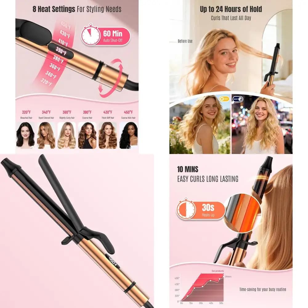 1.25 inch ceramic curling iron with 8 heat settings, 10 minutes curling, quick heating, ideal for travel, automatic shutdown