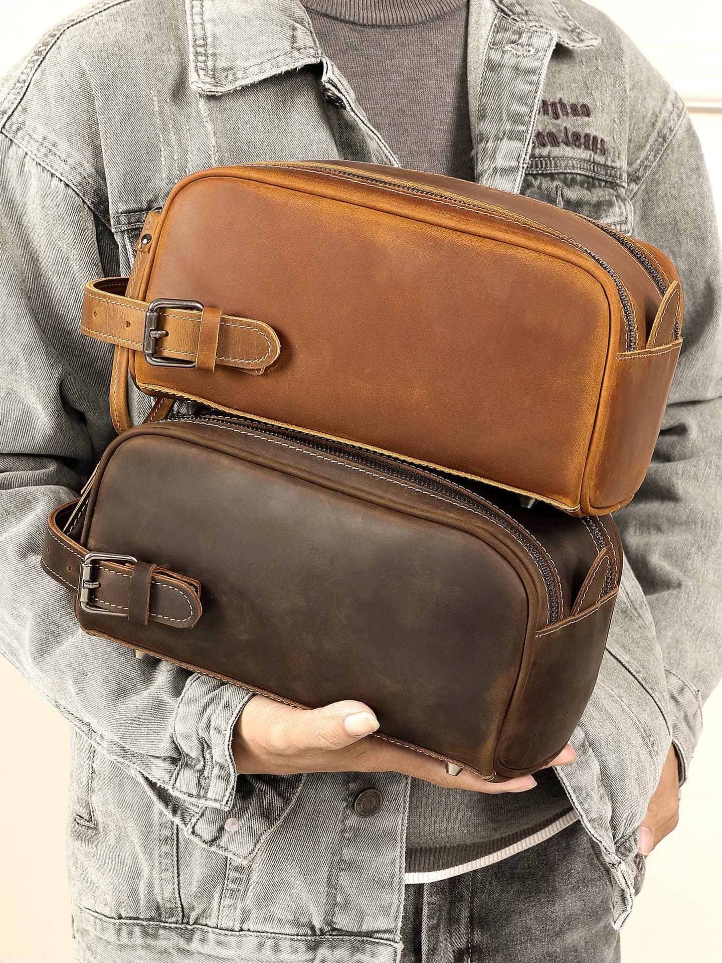 Luxury Full-Grain Leather Men's Toiletry Bag - Vintage Zippered Organizer with Detachable Strap, Multi-Functional Travel Pouch f